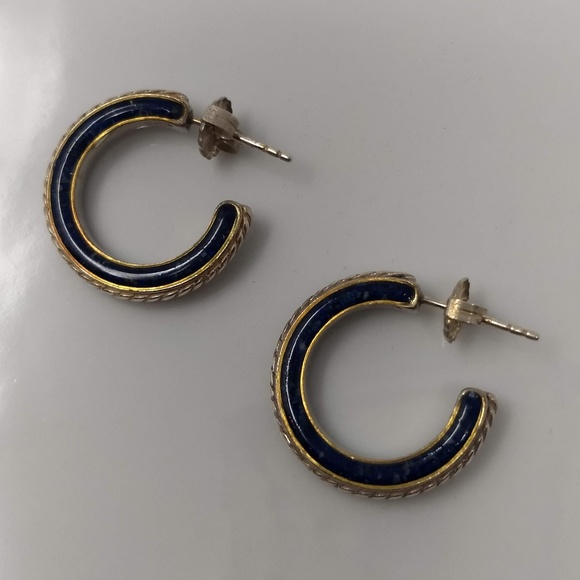 STERLING SILVER/LAPIS INLAY POST HOOP EARRINGS - Picture 1 of 8